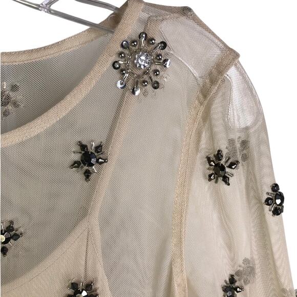 Ann Taylor Top Womens Size XS Cream Nude Mesh W/Gems - Picture 5 of 10